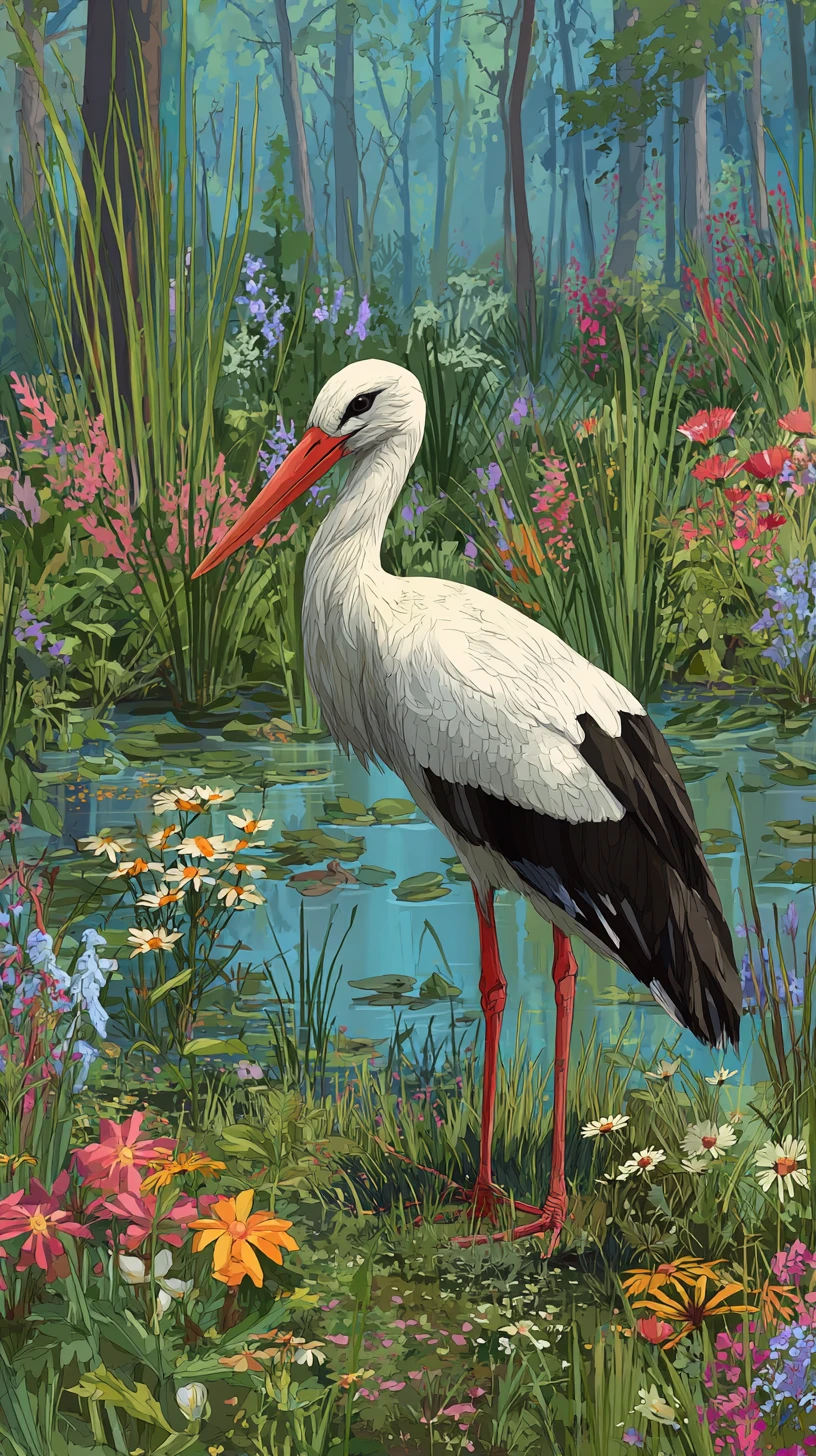 White stork resting in a colorful marshland clearing