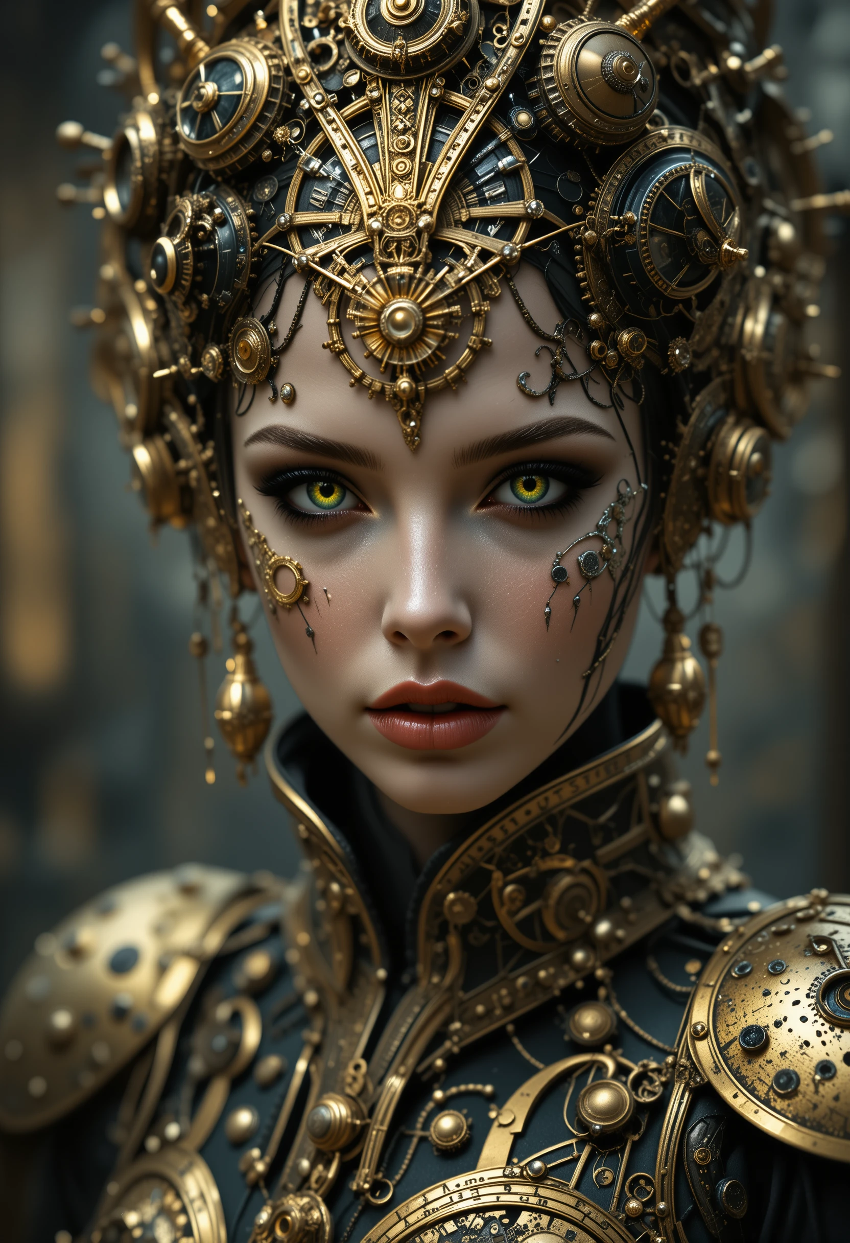 Steampunk fantasy queen portrait with golden mechanical adornments