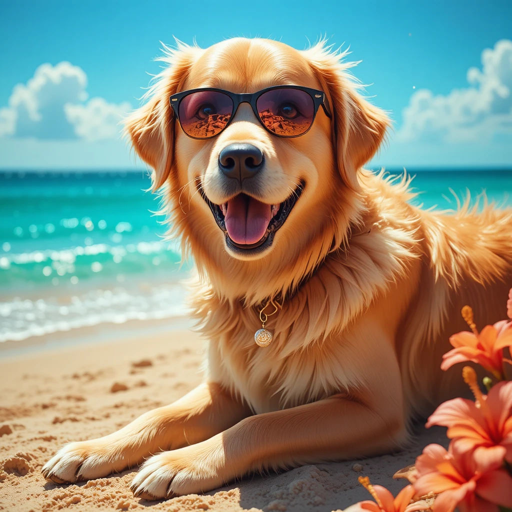 Golden retriever with sunglasses relaxing on sunny beach