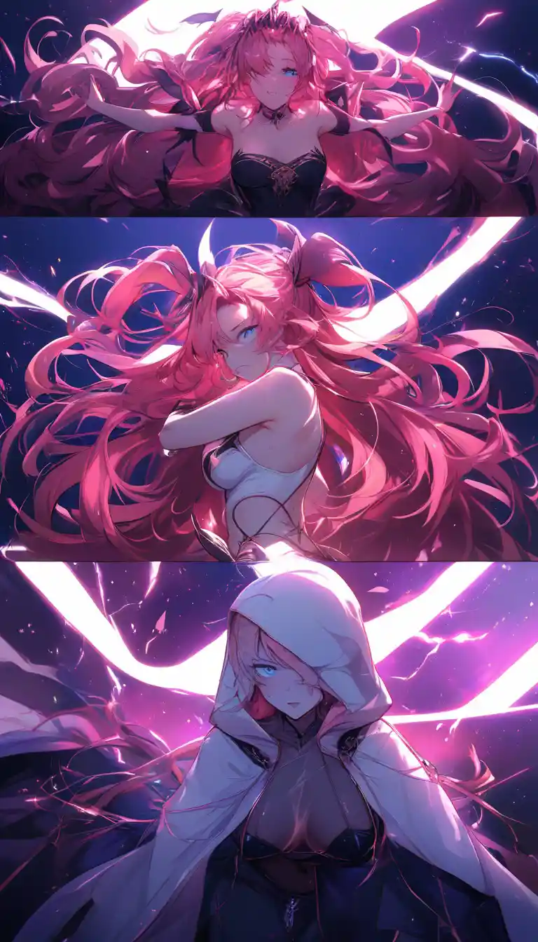 Anime heroine bound in anguished dance on dim stage
