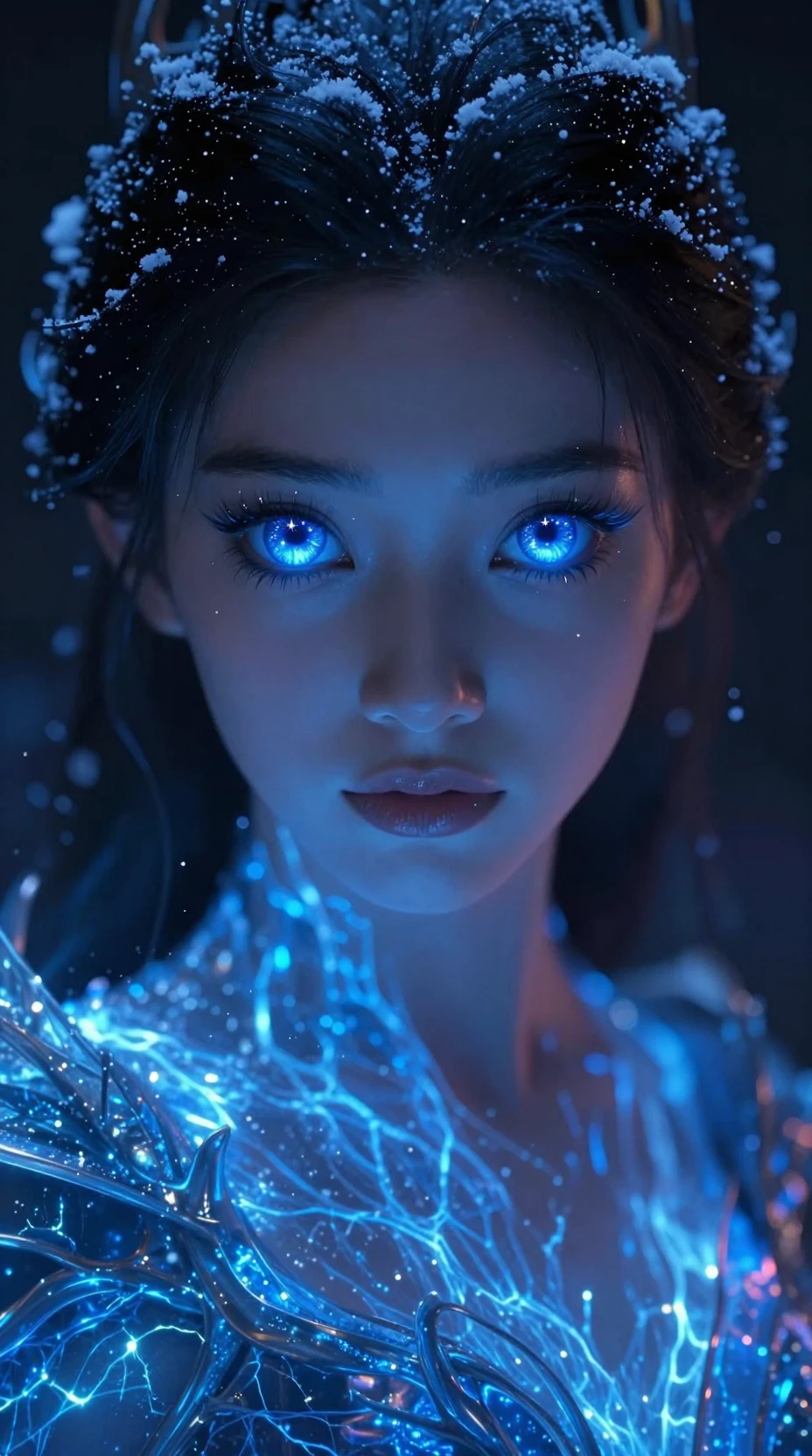 Mystical girl with glowing dragon eyes in darkness