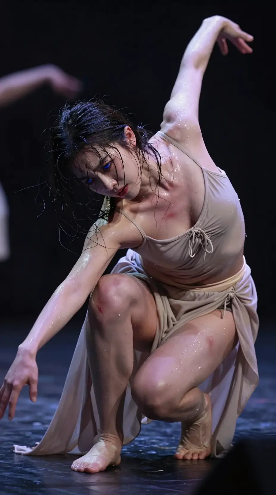 Disheveled anime princess dancing in anguished close up