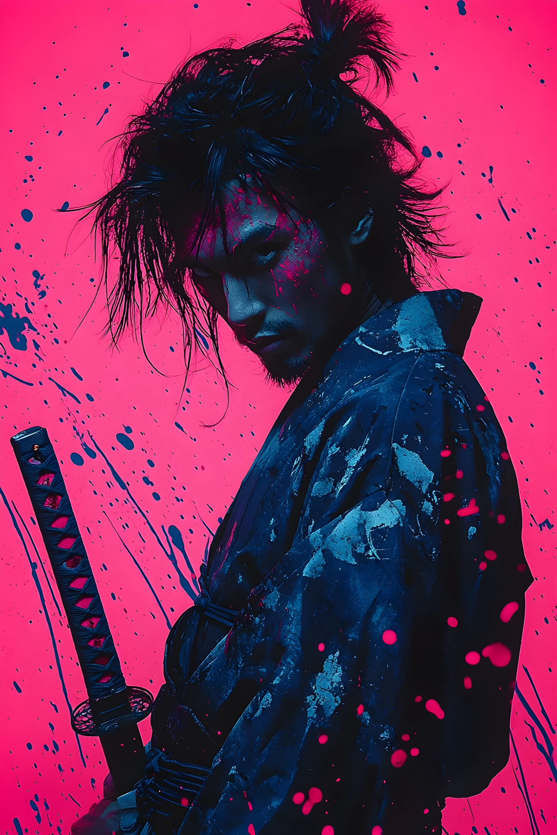 Modern male samurai portrait in blue kimono and katana