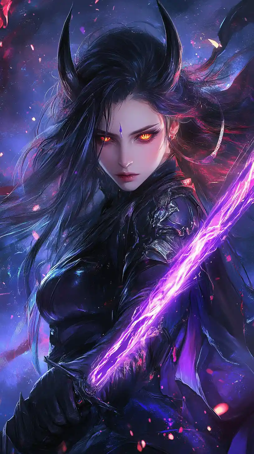 Demonic warrior woman lunging with a glowing katana