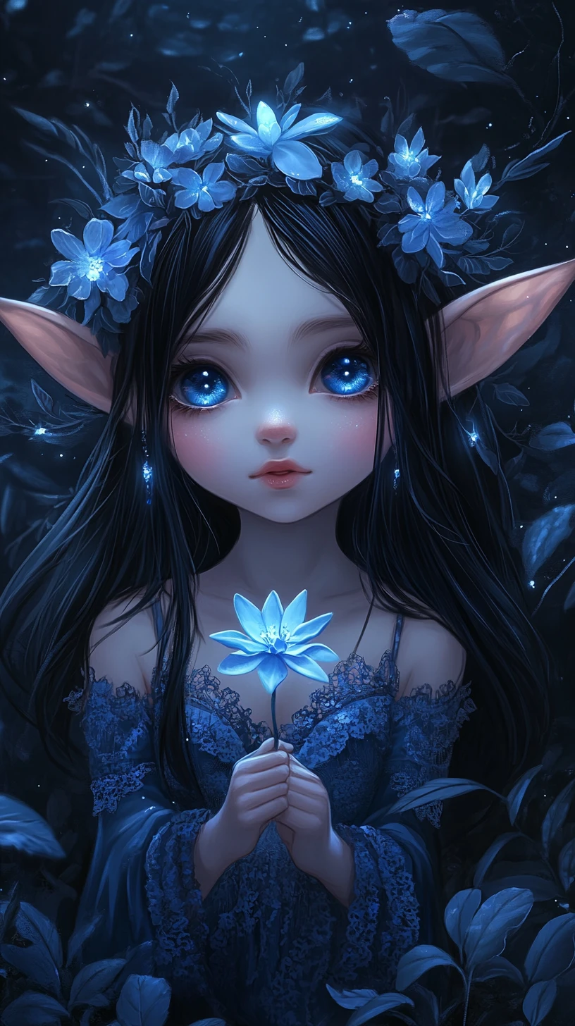 Chibi elf girl with glowing blue flower in darkness