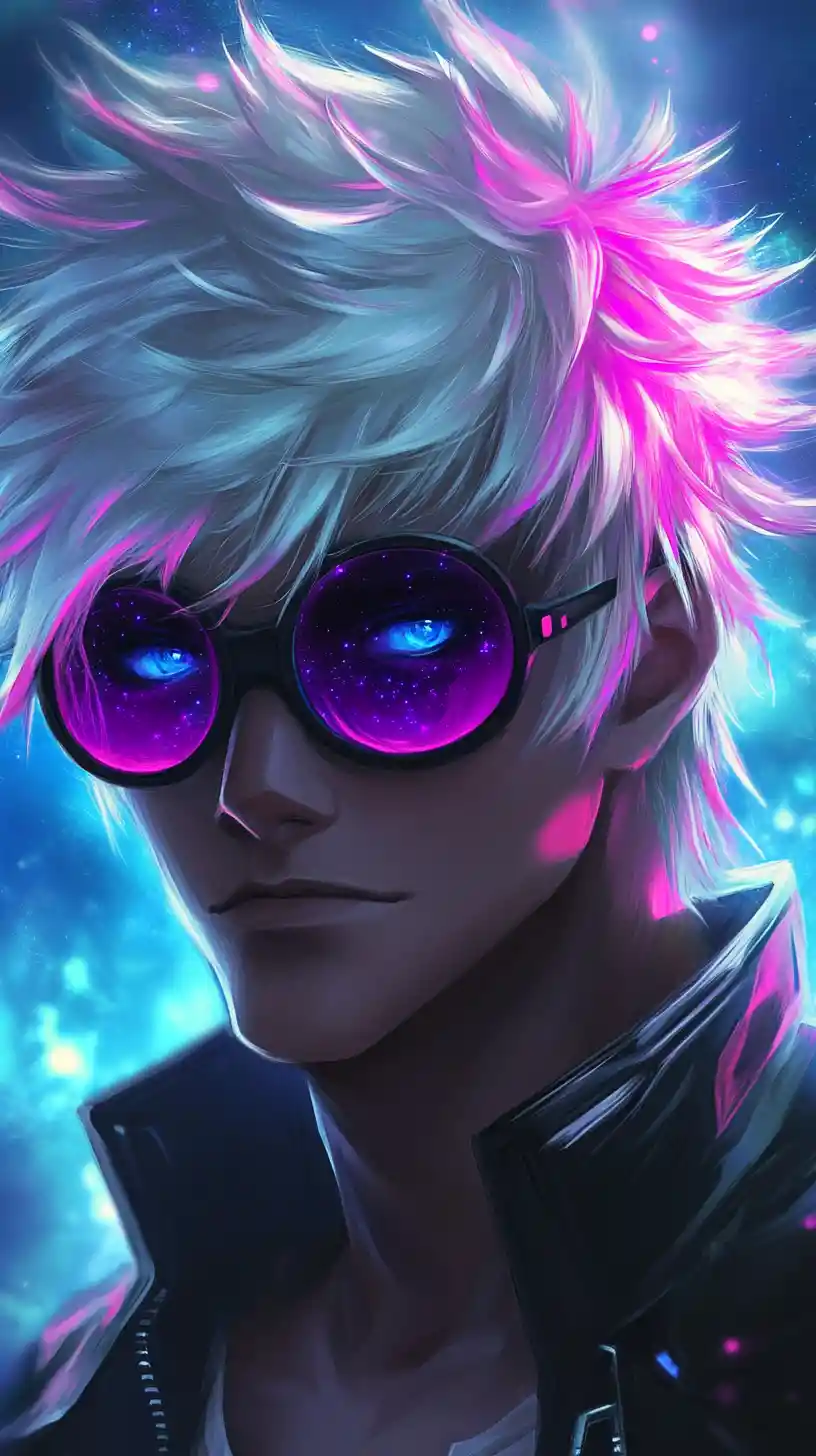 Anime man with neon sunglasses and white spiky hair