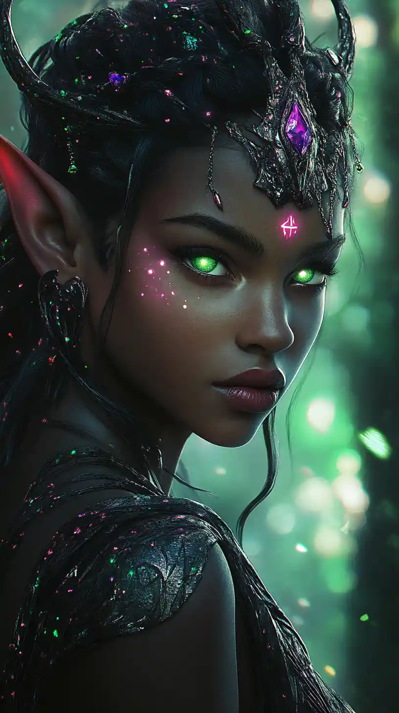 Dark elf woman with glowing eyes in mystical forest