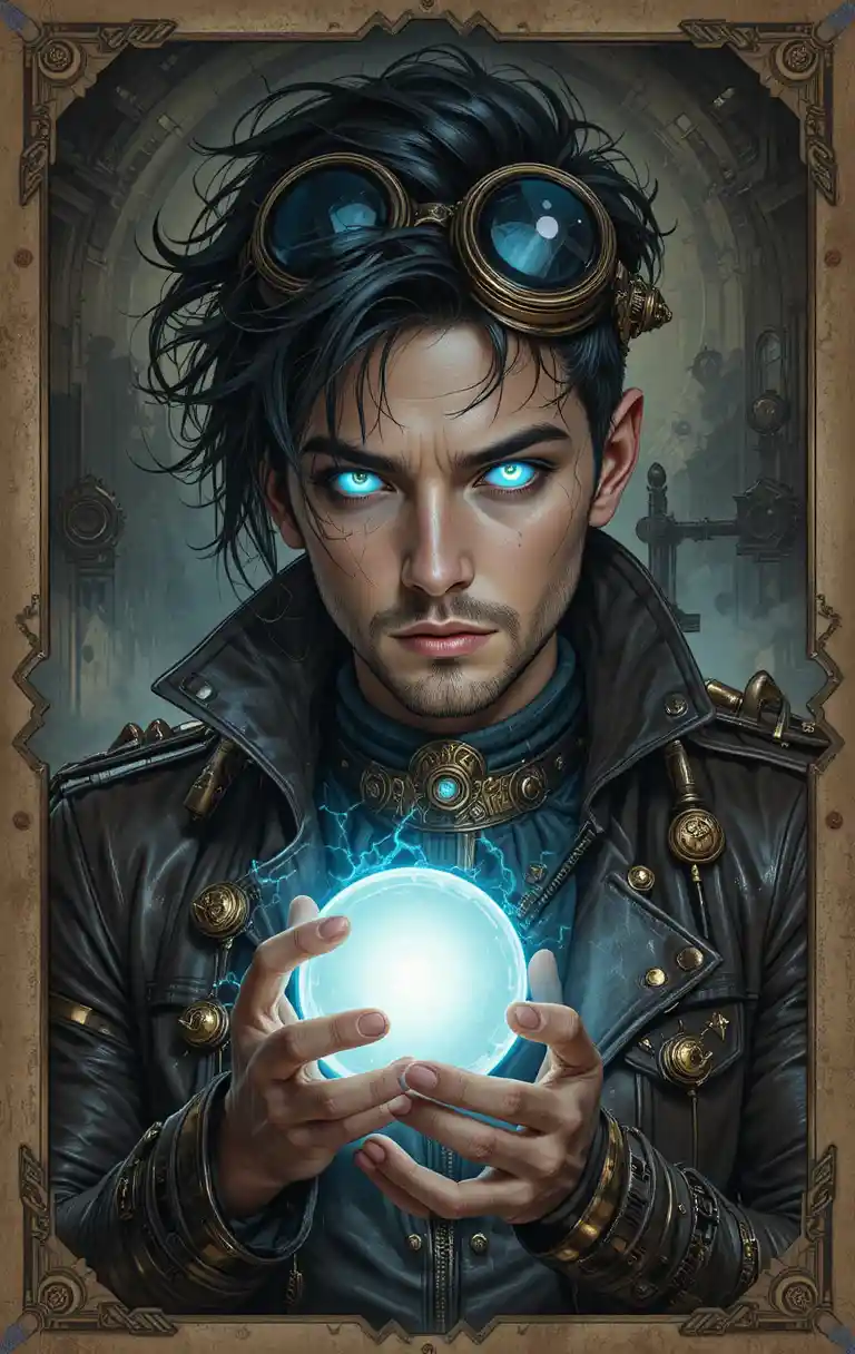 Steampunk-Mann mit leuchtend blauen Augen, der eine magische Kugel hält