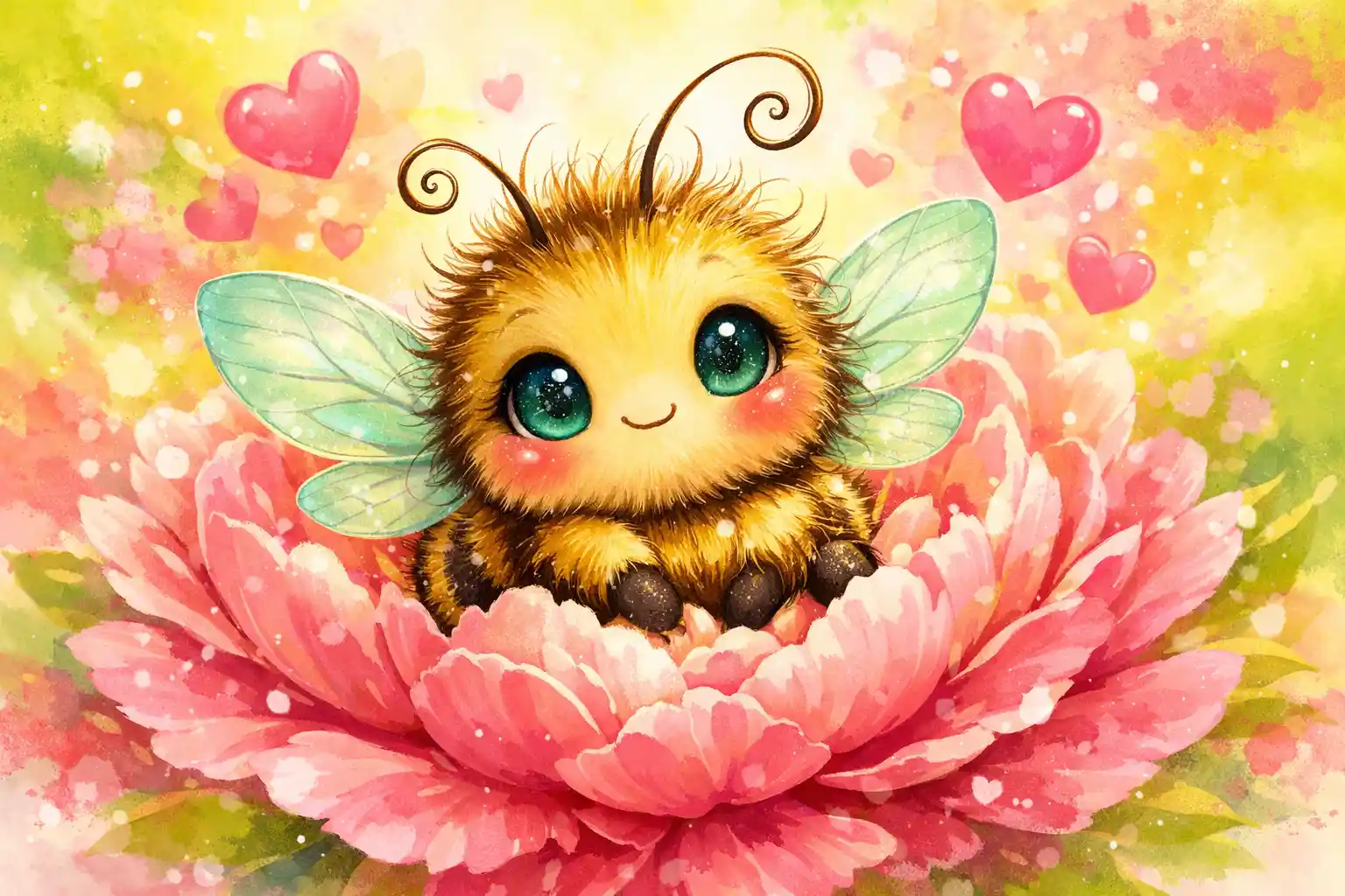 Cute baby bee in pink peony with floating hearts