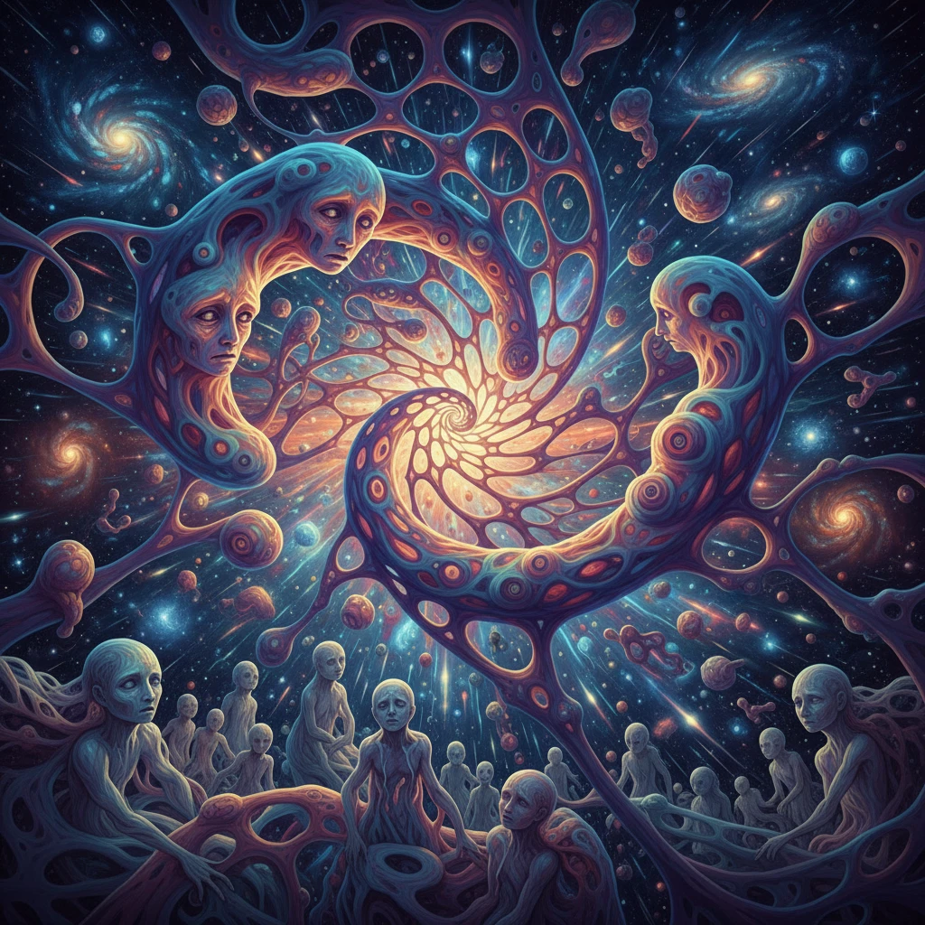Surreal 3d tubular beings in a swirling cosmic scene