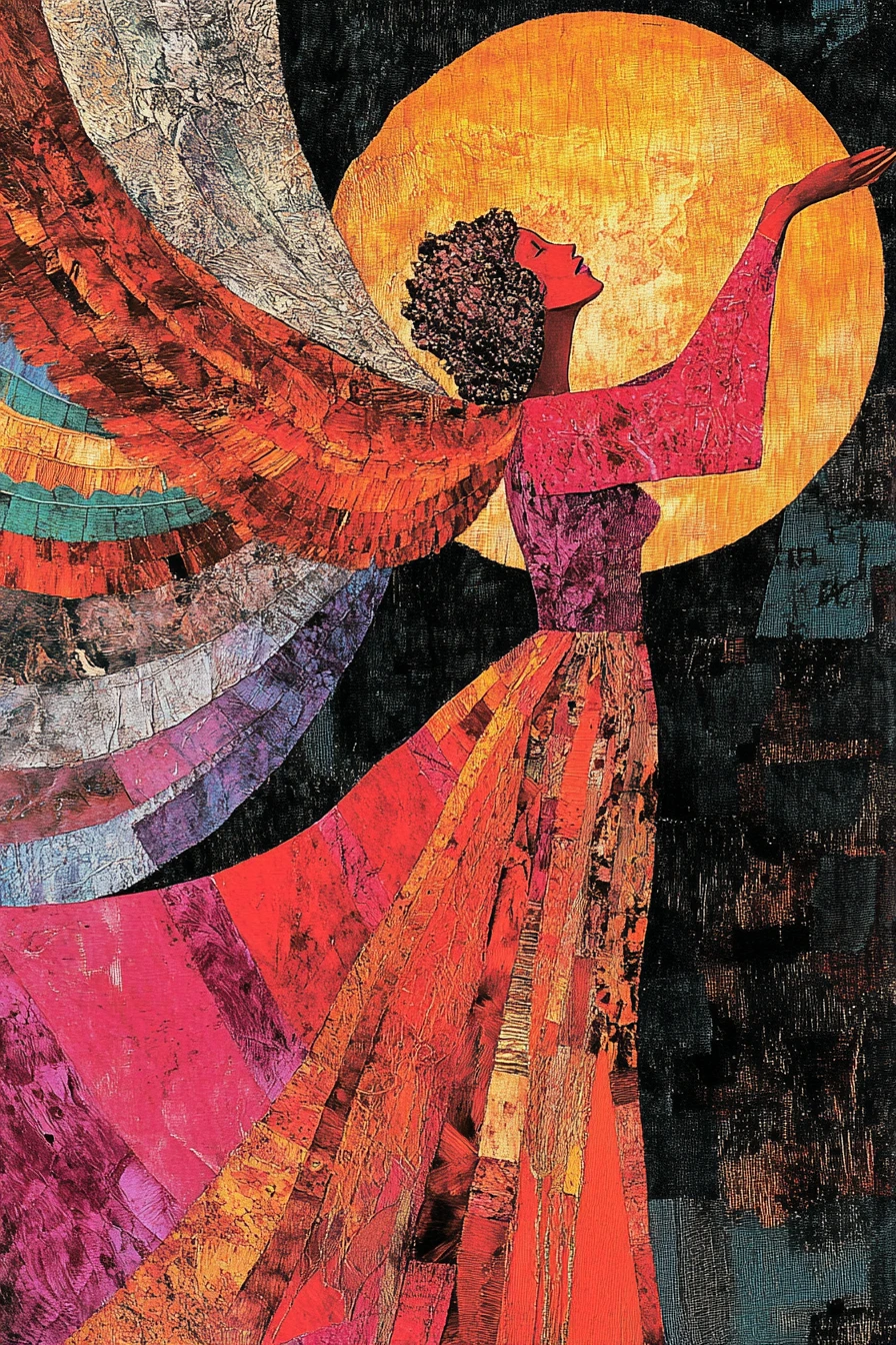 Joyful surreal woman in colorful bohemian collage portrait
