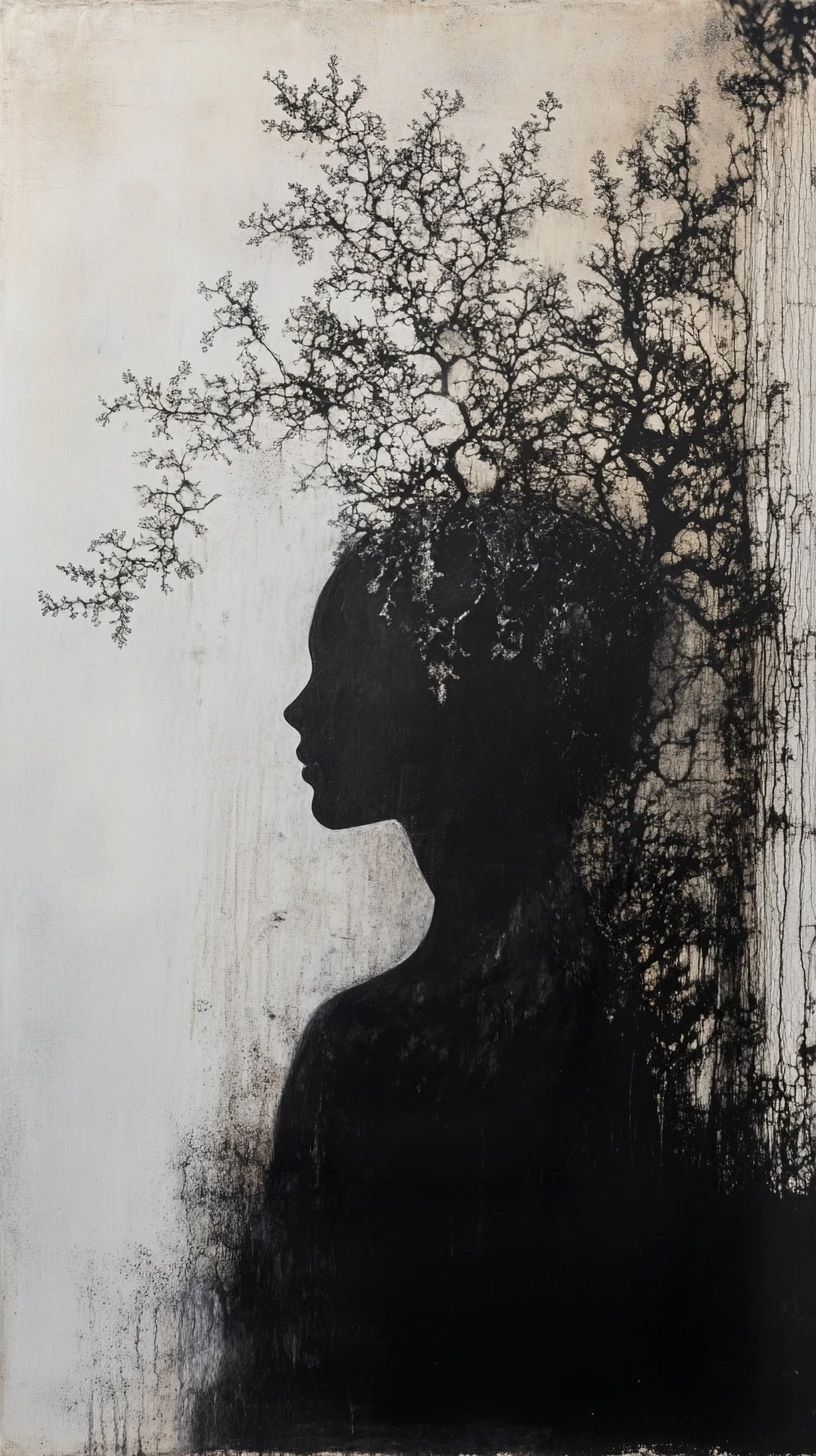Surreal woman merging with dark tree on narrow panel