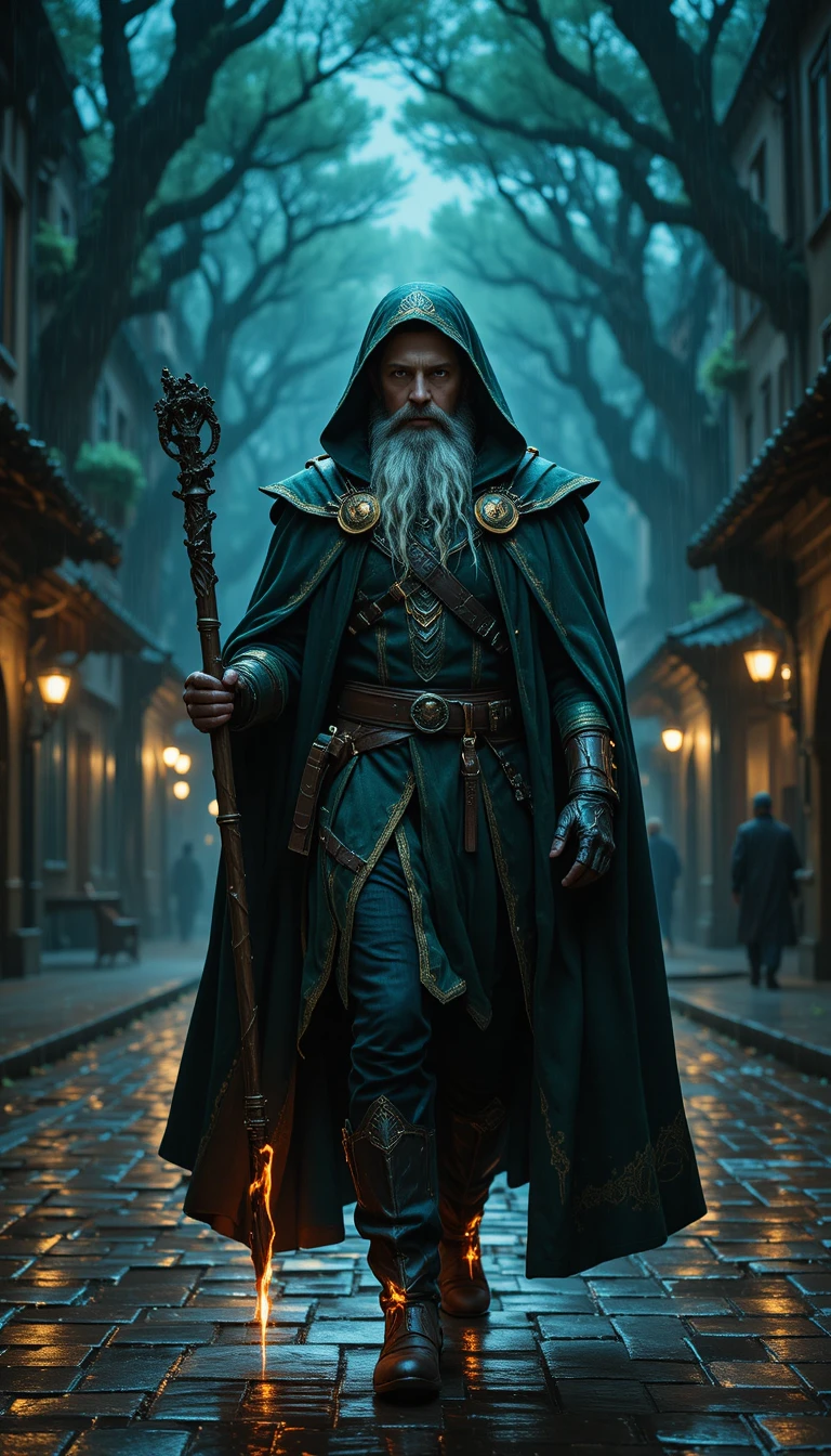 Cinematic gray haired wizard walking through rainy fantasy city