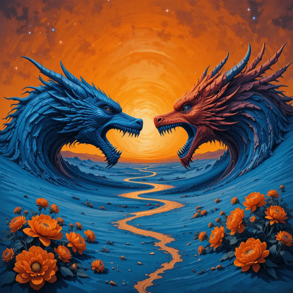 Drago e fenice che ruggiscono in un surreale deserto blu