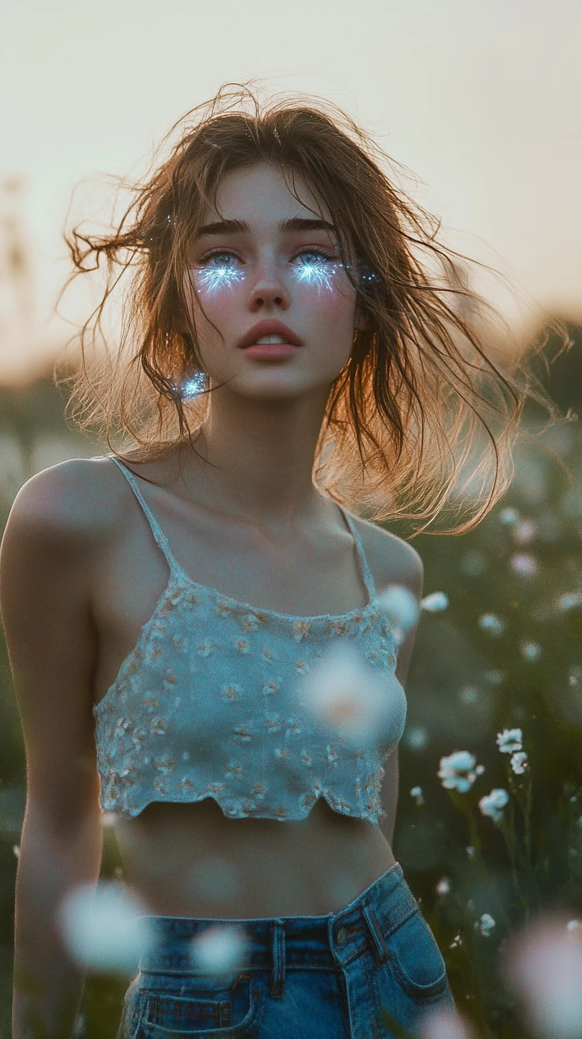 Young woman in spring tank top walking through flower meadow