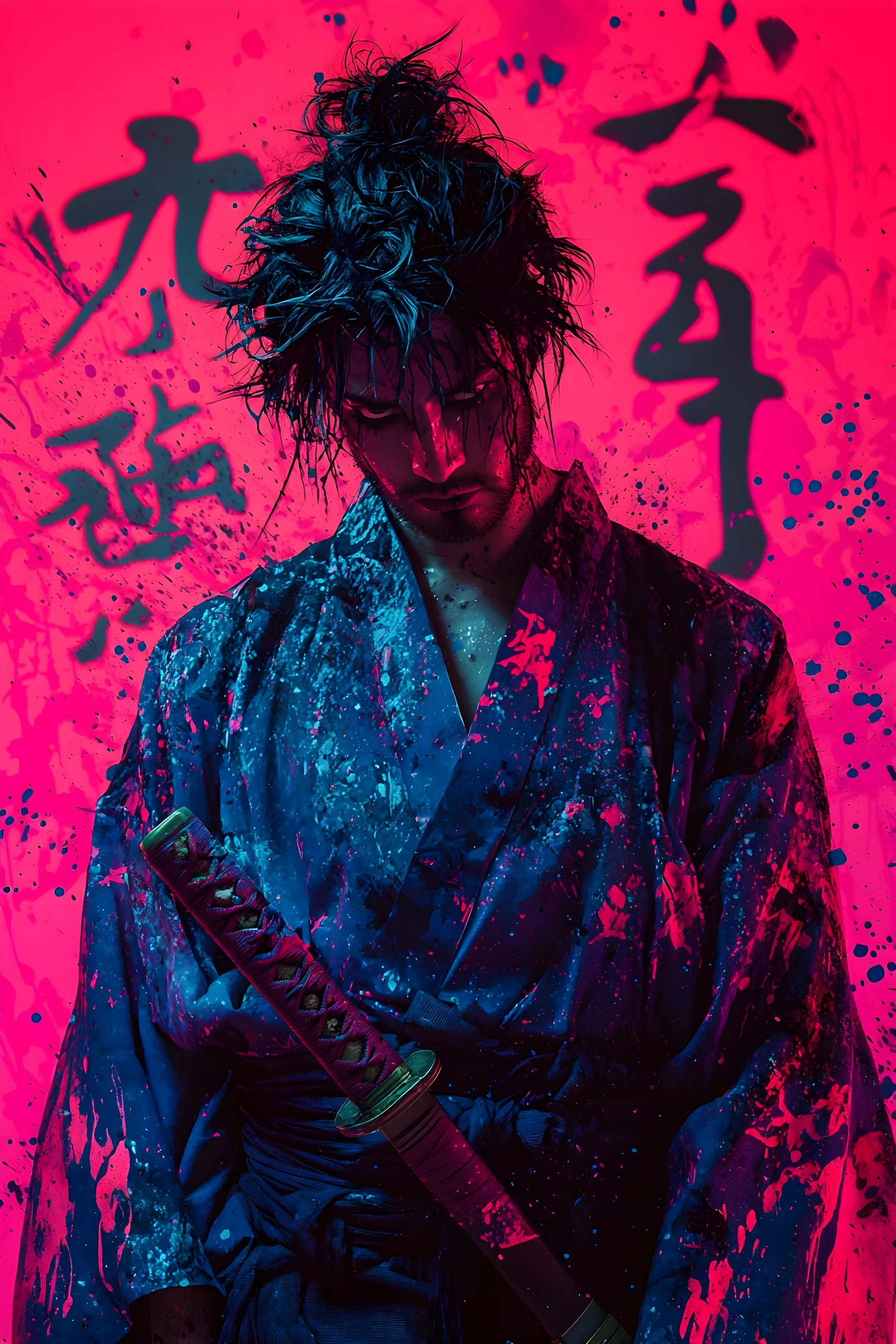 Modern male samurai portrait with neon pink abstract background