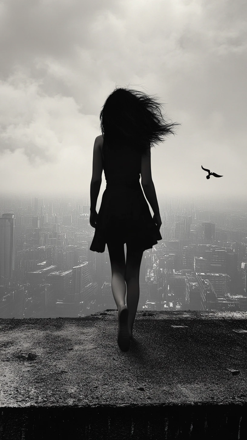 Woman on rooftop ledge above vast dystopian city