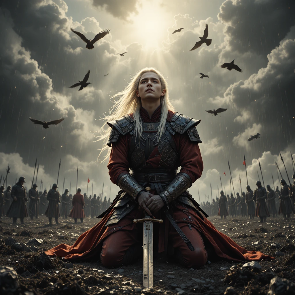 Kneeling fantasy prince on a desolate battlefield