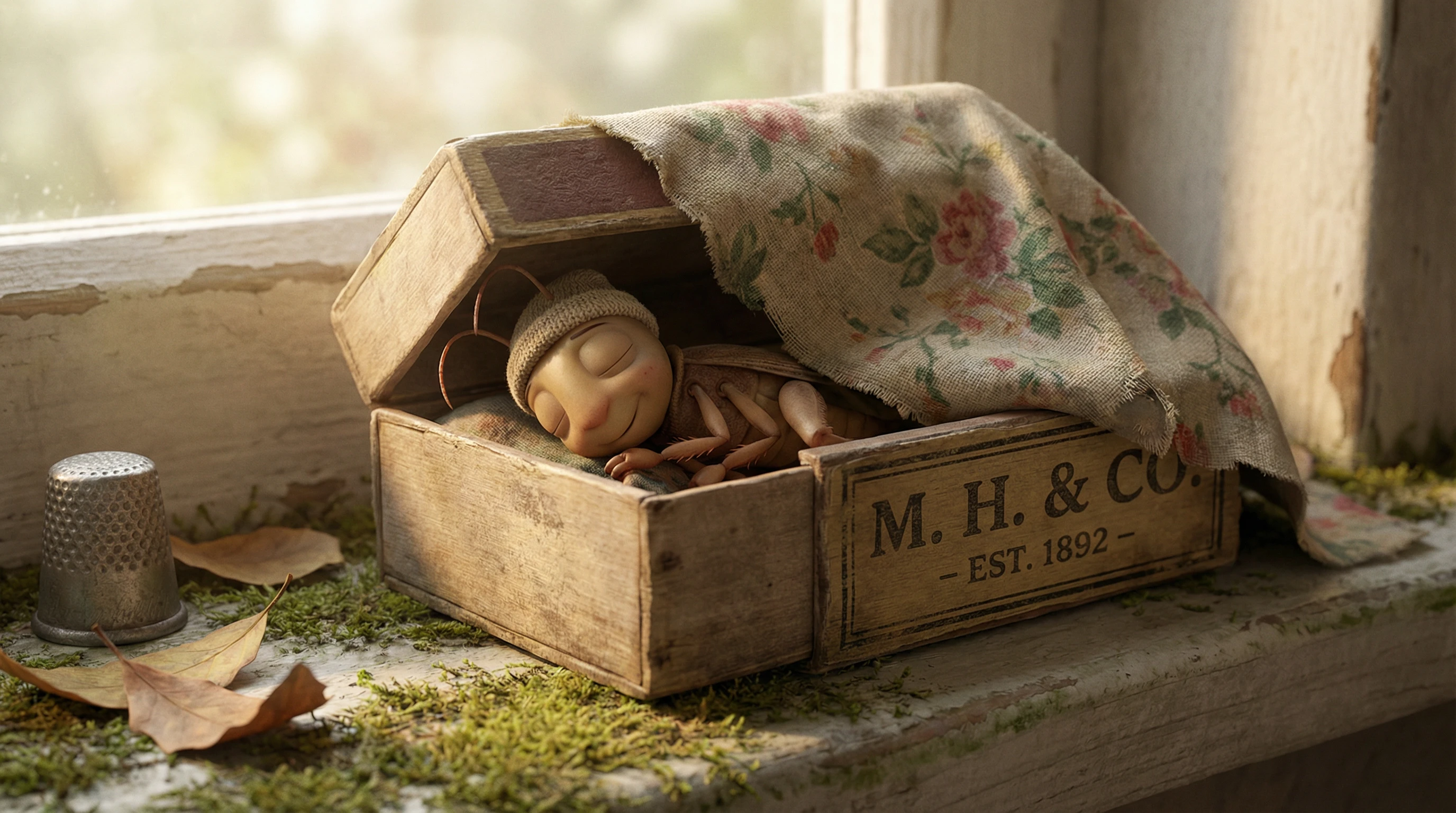 Tiny sleeping cricket resting inside a worn wooden matchbox