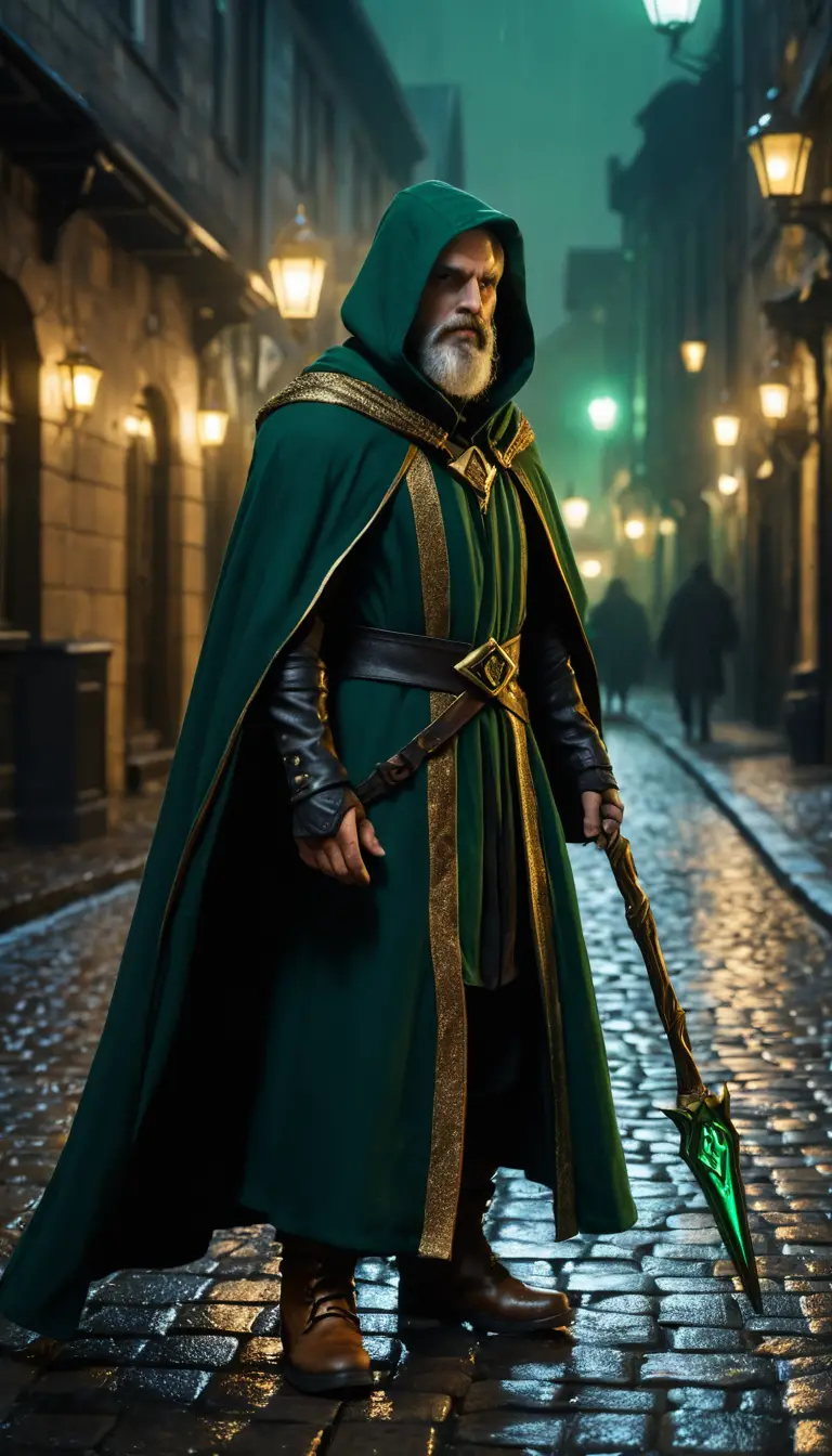 Confident gray haired wizard walking through rainy fantasy city