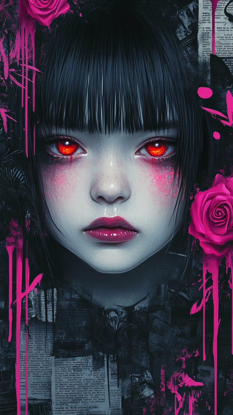 Girl with glowing red eyes in dark urban collage