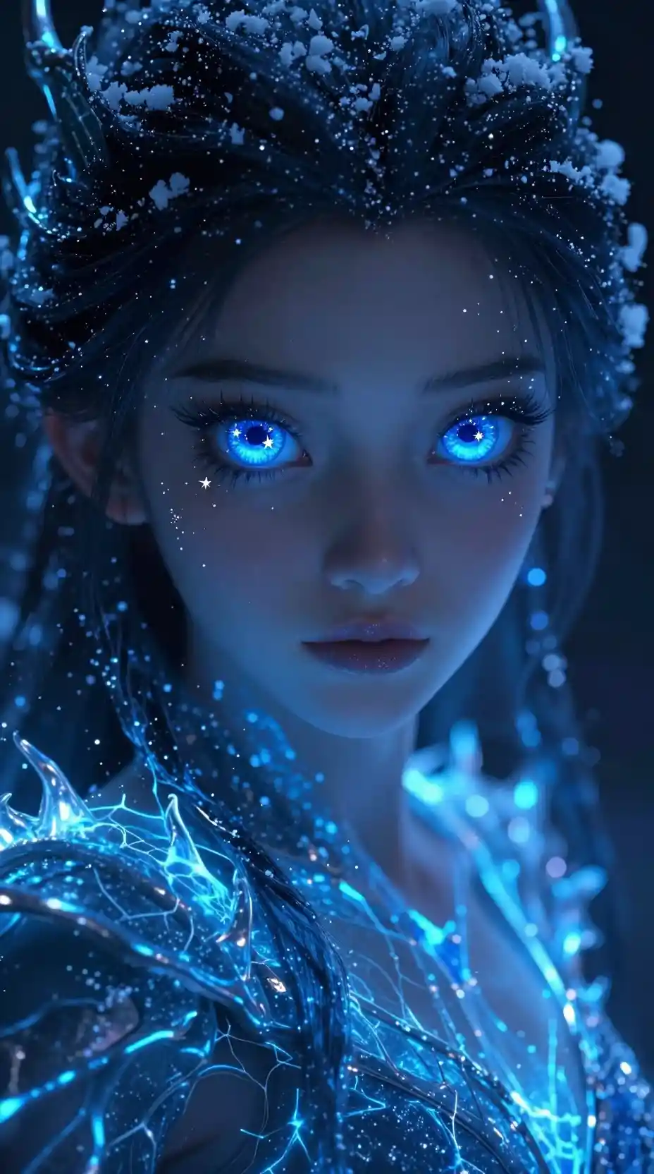 Mystical girl with glowing dragon eyes in darkness