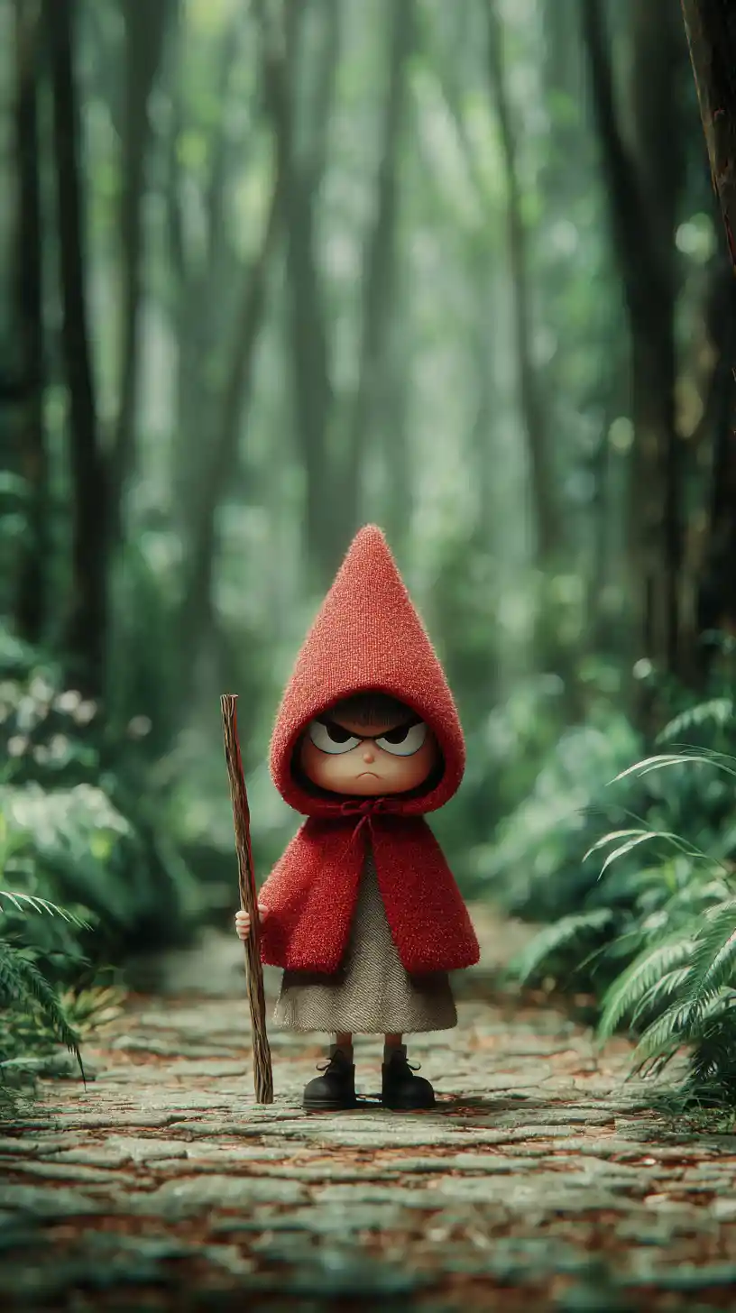 Angry girl holding a stick in the middle of a forest