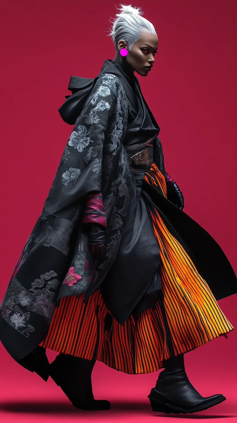 Futuristic fashion woman in striped kimono walking in studio