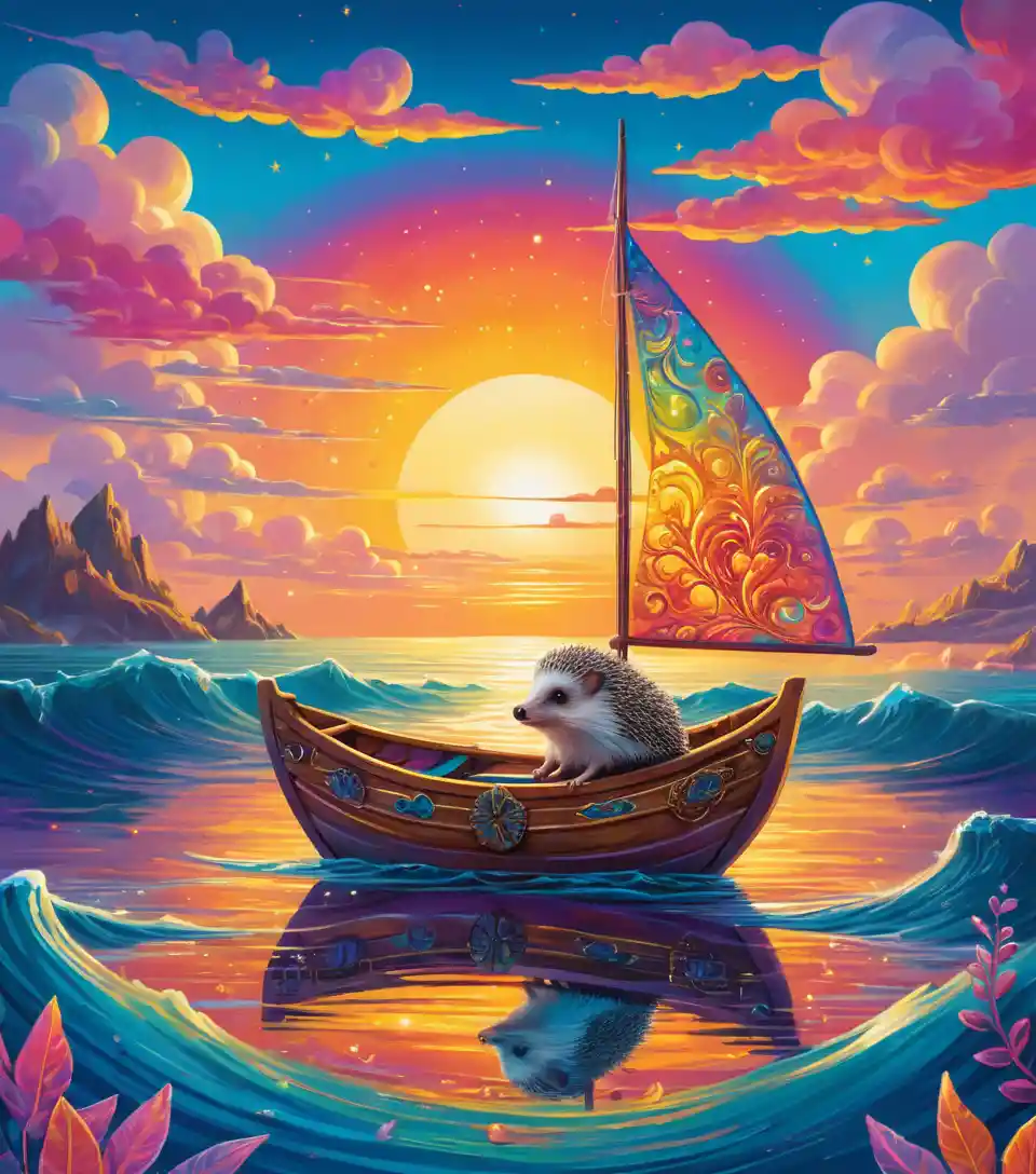 Dreamy Hedgehog Adrift On A Colorful Sunset Ocean
