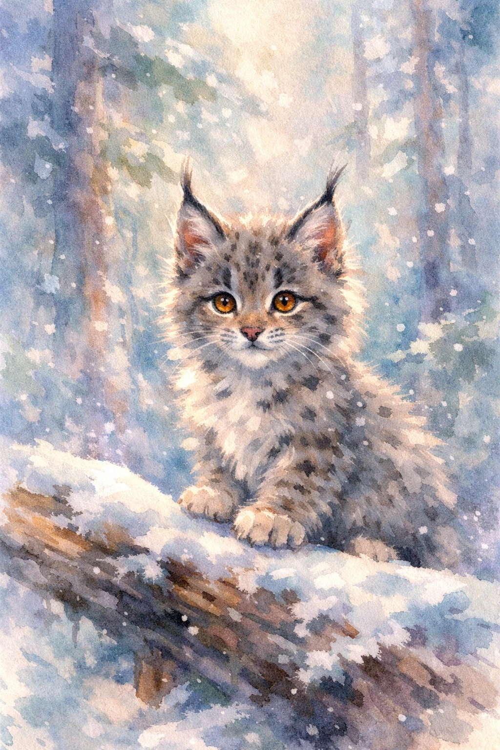 静かな冬の森で雪の丸太に乗るベビーリンクスの子猫