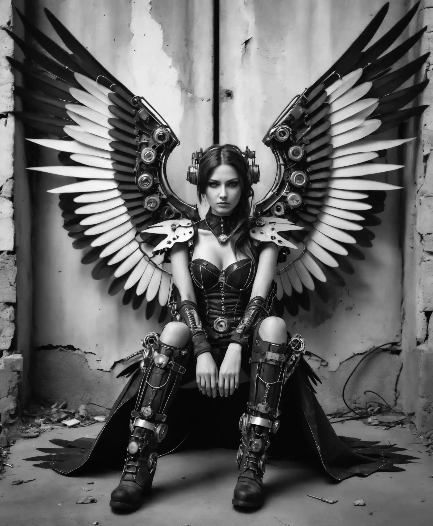 Cyber steampunk woman with mechanical wings against wall