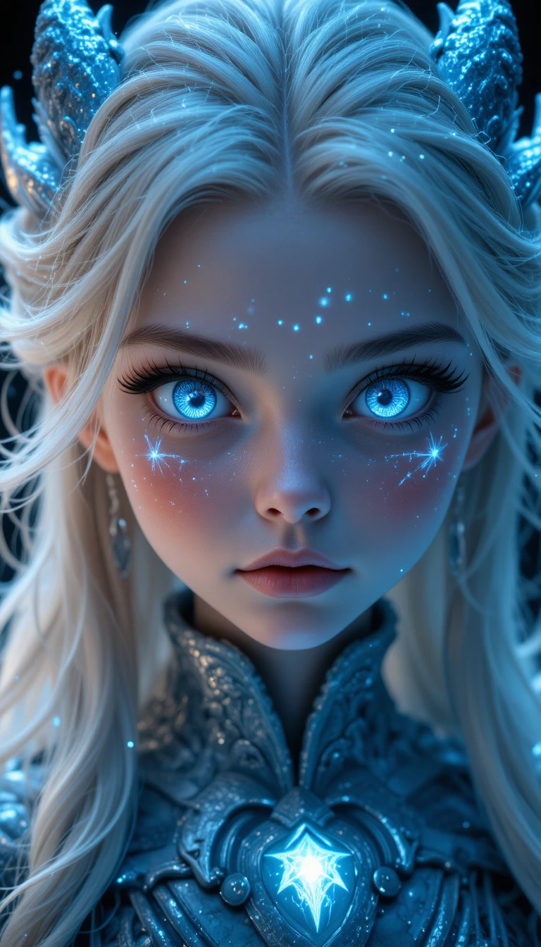 Mystical girl with glowing dragon eyes in darkness