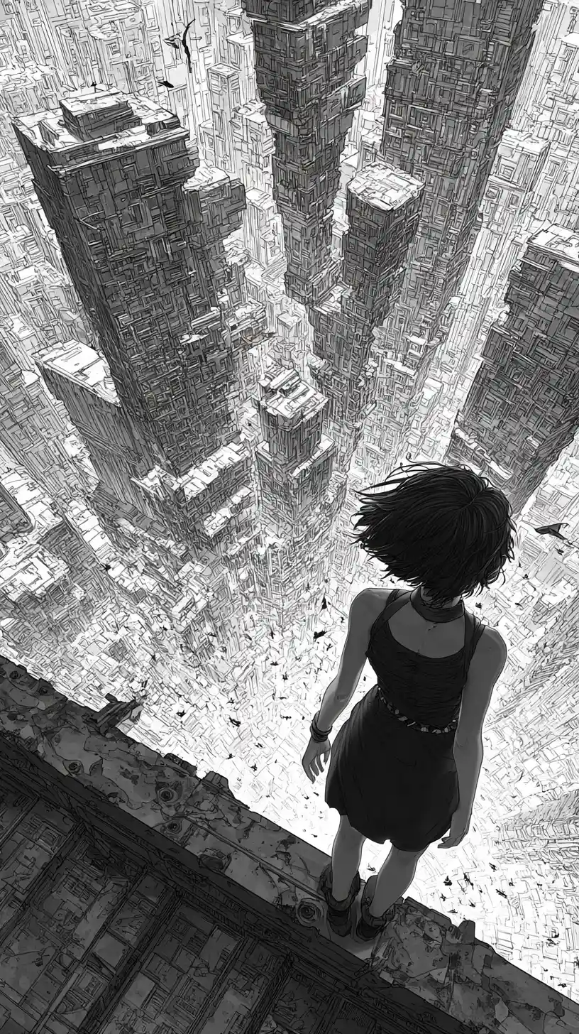Anime-Frau auf Dachkante über einer riesigen dystopischen Stadt