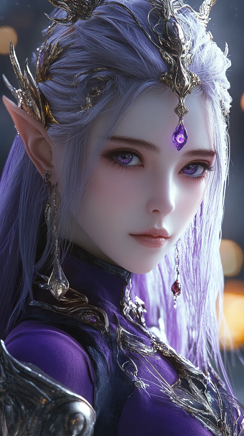 Lavender feline humanoid warrior in glowing fantasy armor