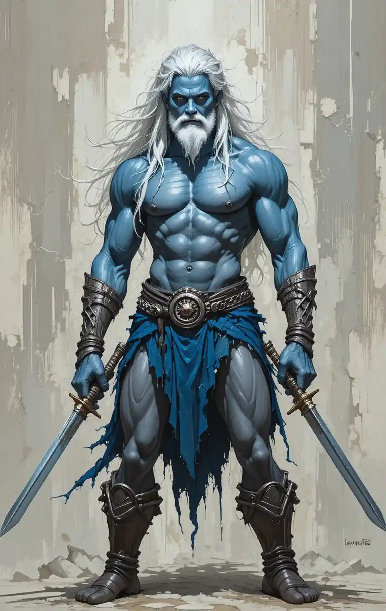 Blue skinned fantasy warrior with twin swords and flowing white hair