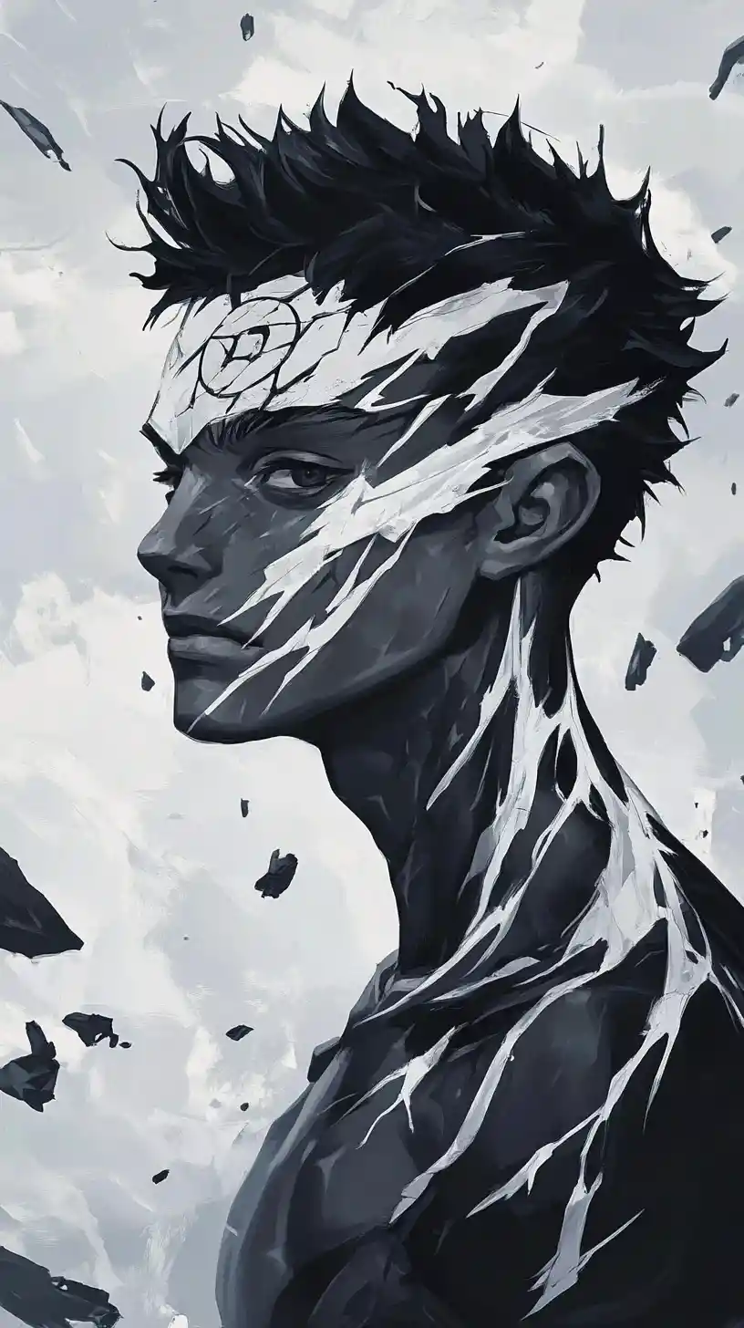 Intensiver Anime-Krieger in verwüsteter monochromer Ödnis