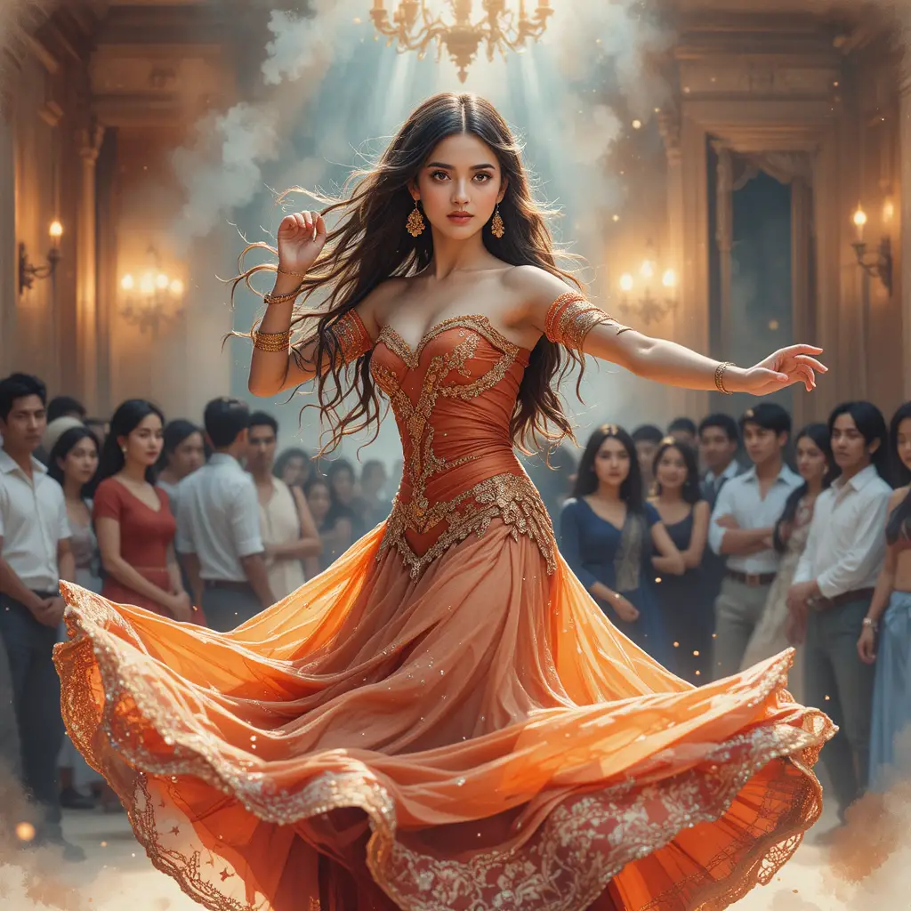 Moroccan harem dancer posing in a festive celebration hall