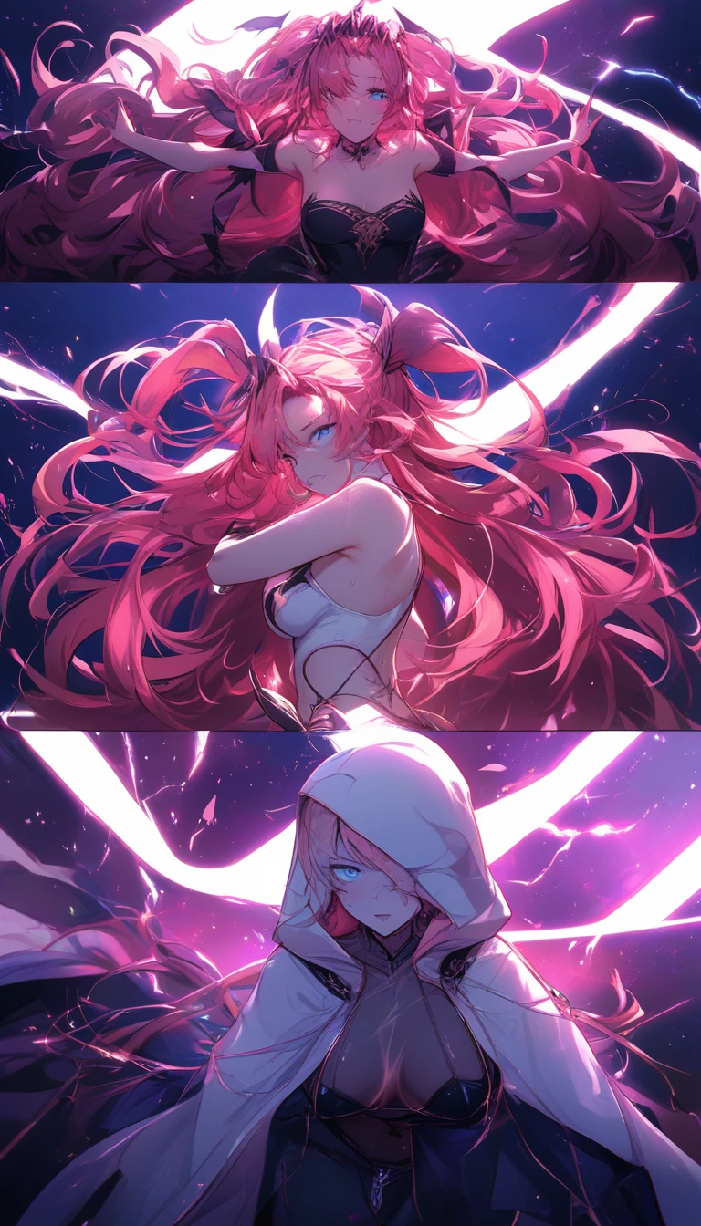 Heroína de anime presa em dança angustiada em palco sombrio
