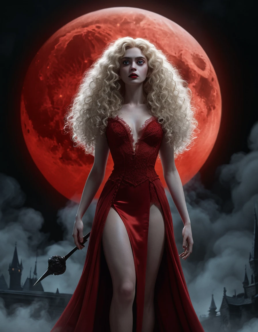 Pale woman in lace dress before a blood red full moon