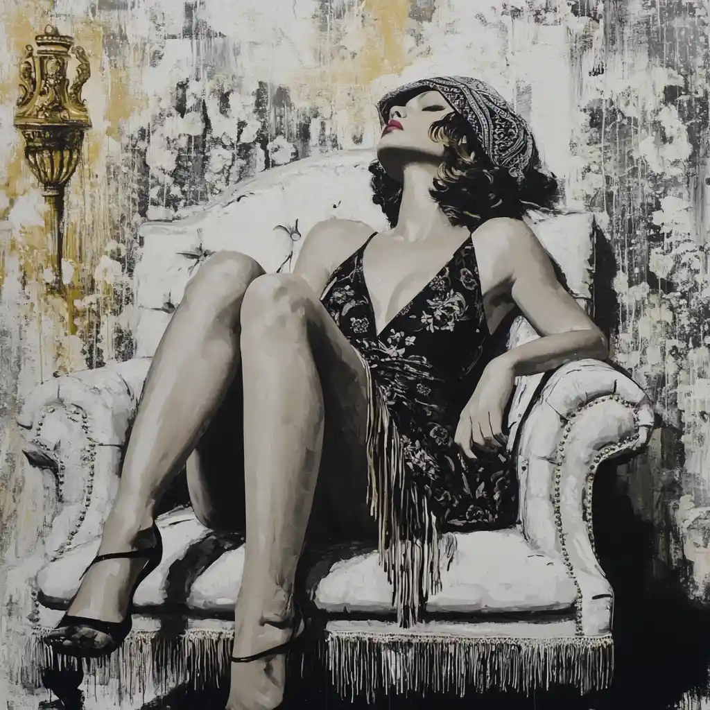 Surreal woman reclining on white chesterfield in vintage interior