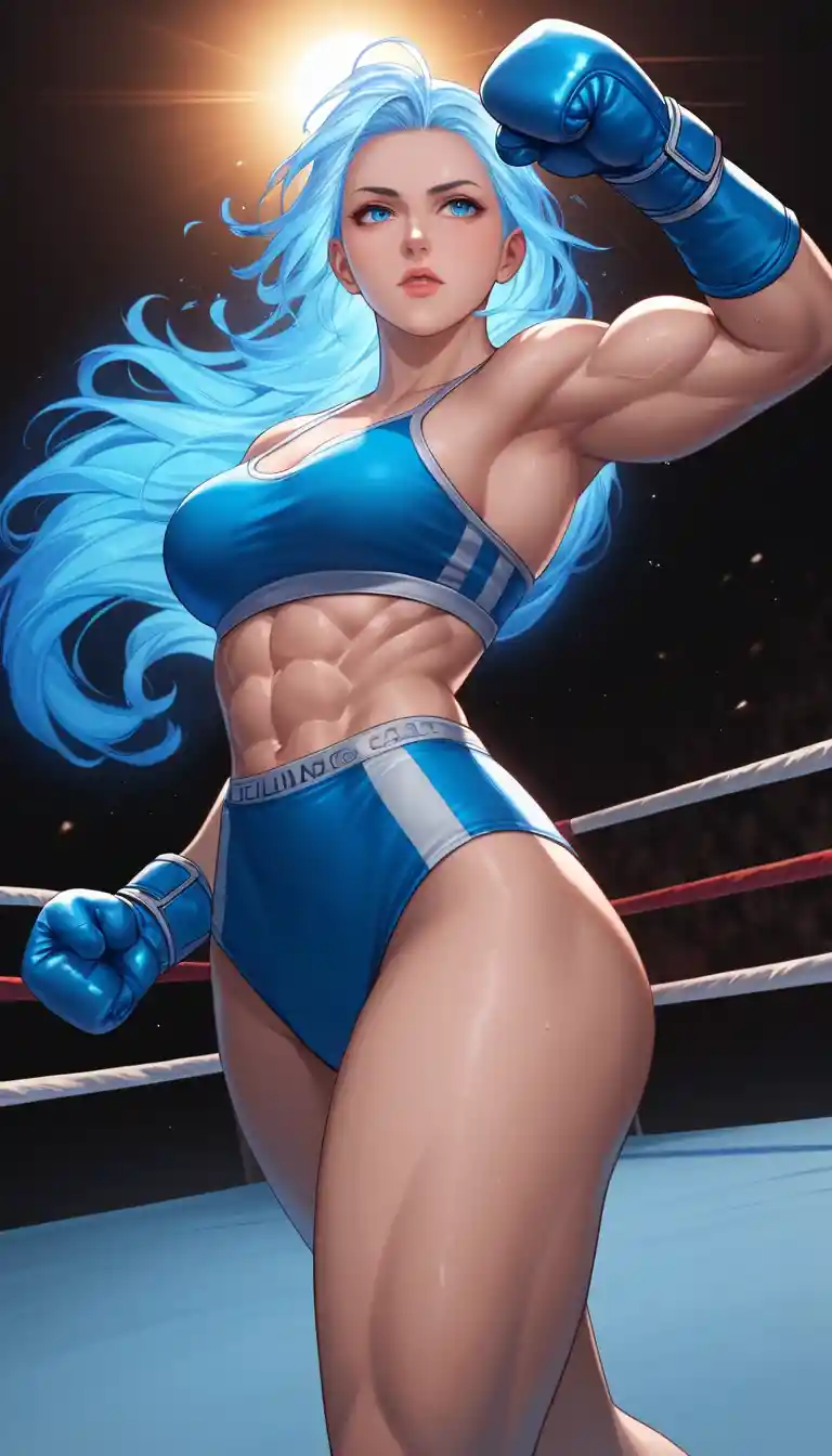 Combattente donna in guardia da boxe su ring luminoso in spiaggia