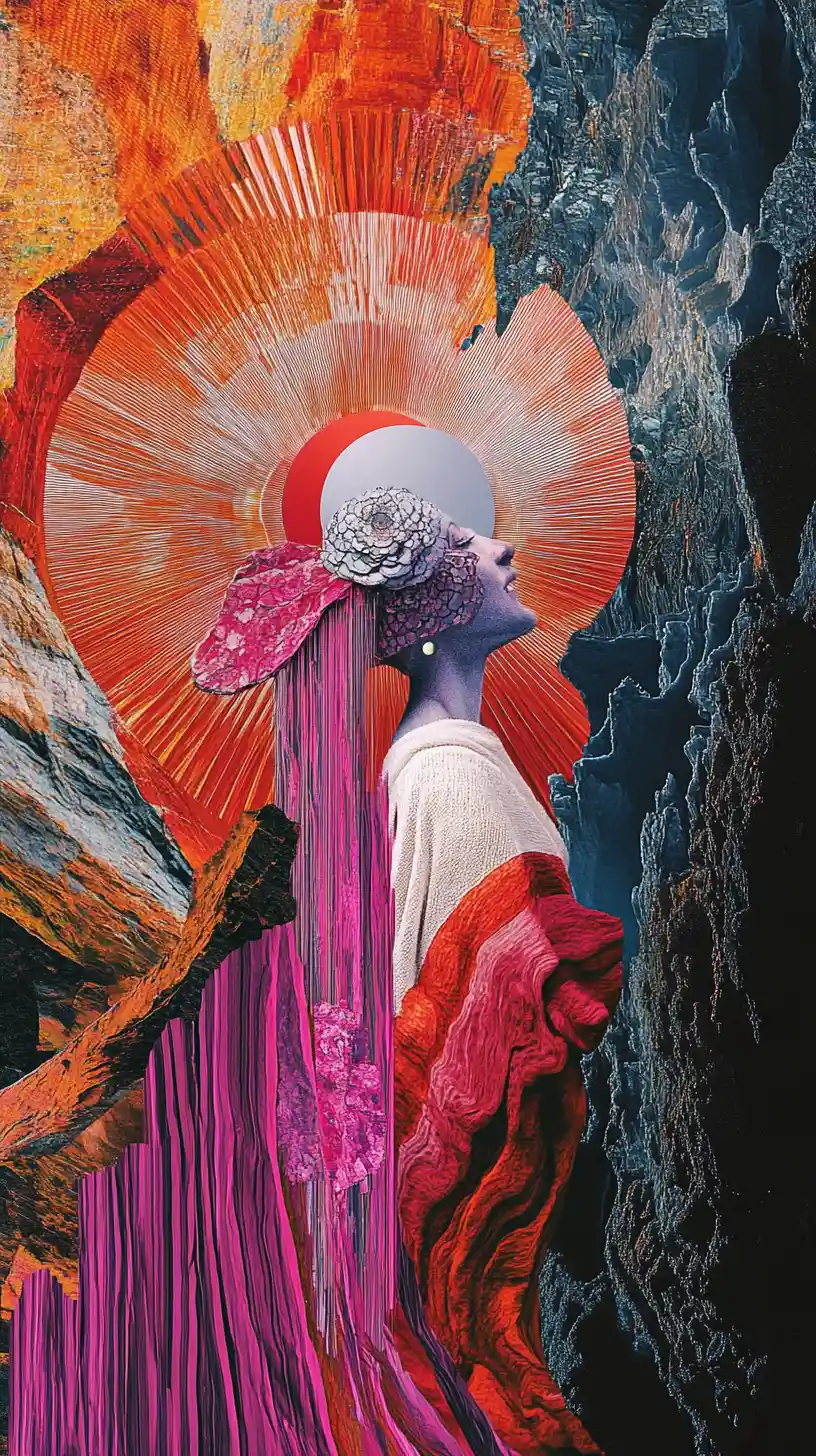 Surreal bohemian woman radiating healing joy in vivid colors
