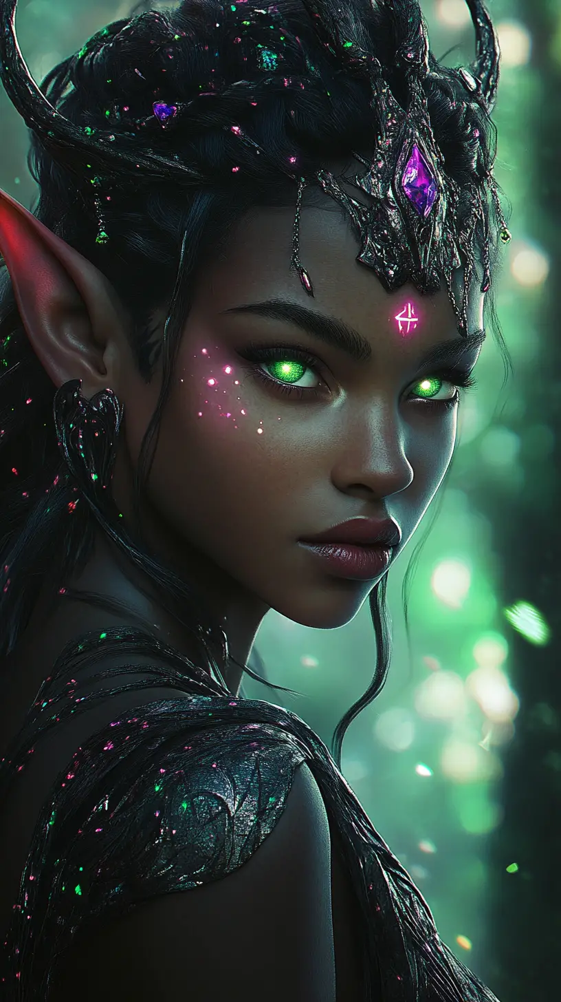 Dark elf woman with glowing eyes in mystical forest