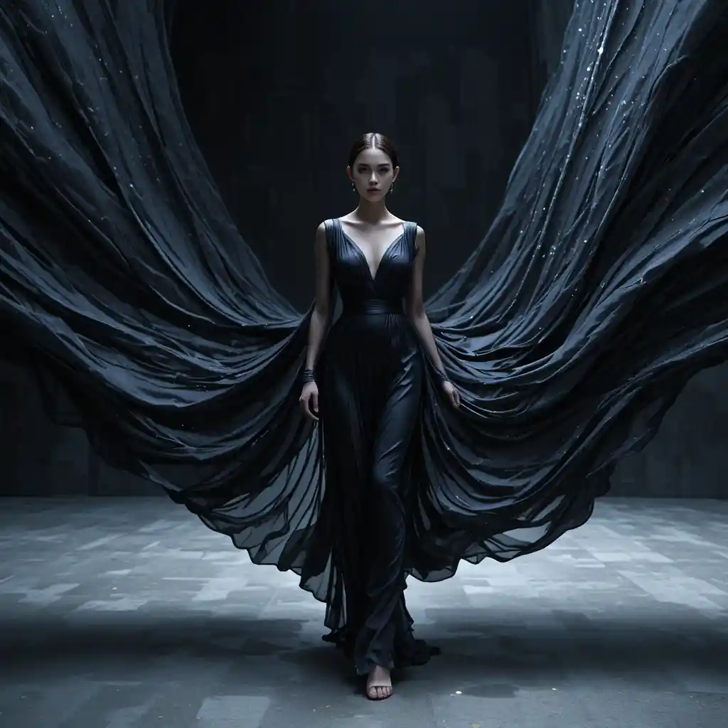 Woman in flowing charcoal silk gown striding through air