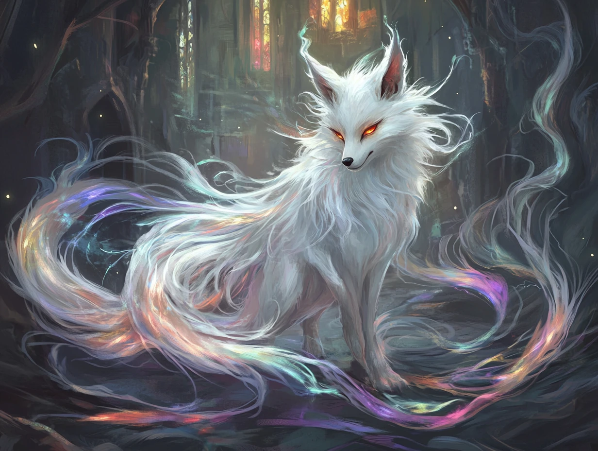 Mystical nine tailed fox spirit in a dim chamber