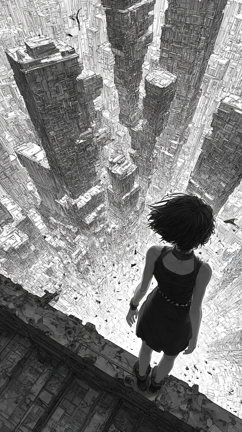 Anime woman on rooftop ledge over vast dystopian city
