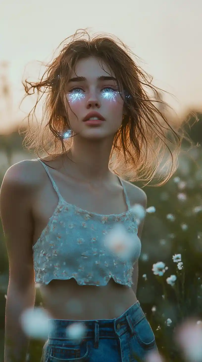 Young woman in spring tank top walking through flower meadow