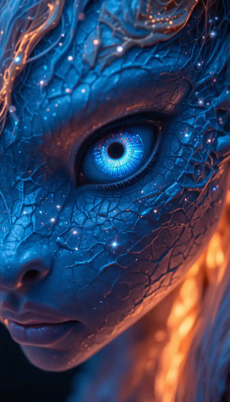 Mystical girl with glowing dragon eyes in darkness