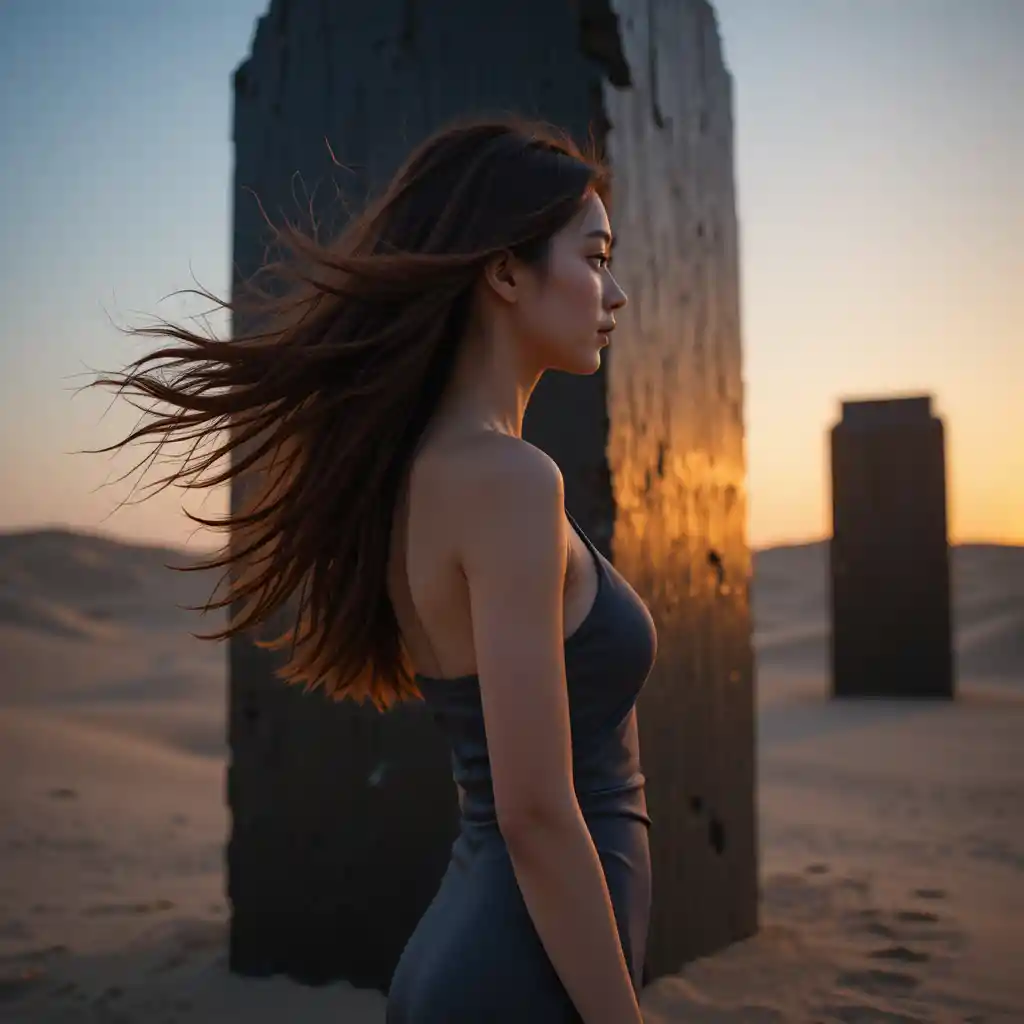 Korean woman in profile beside a dark desert monolith