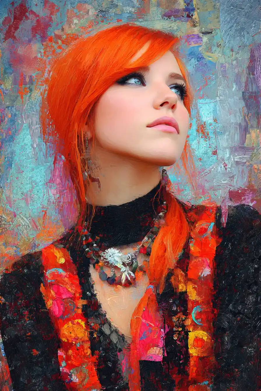 Fiery spirited woman in a surreal colorful heart landscape
